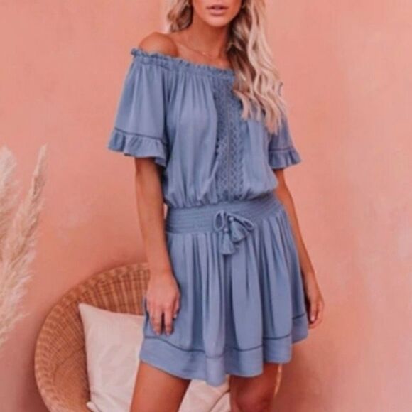 Ocean Drive Mini Dress Off the Shoulder Tassels Smocking Boho Blue size M - Picture 1 of 10